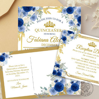 Blue & Gold Floral Save the Date Announcement Postcard