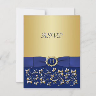 Blue, Gold Floral Scroll Wedding Reply Card