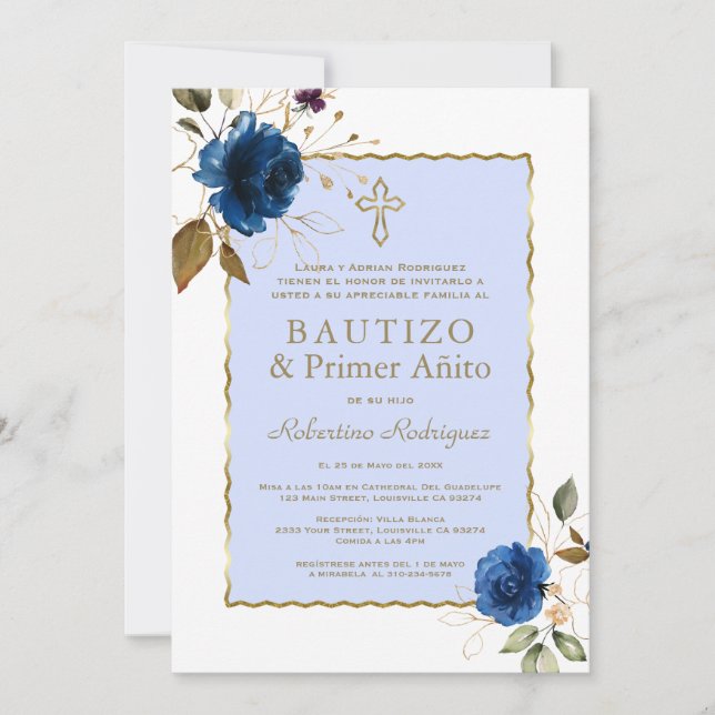 Blue Gold Floral Spanish 1st Birthday & Baptism Invitation (Front)