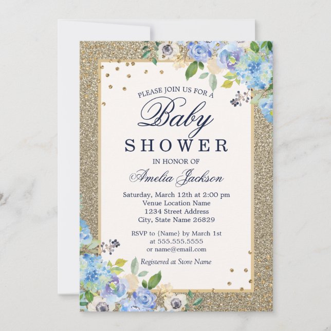 Blue Gold floral Sparkle Baby Shower Invite (Front)