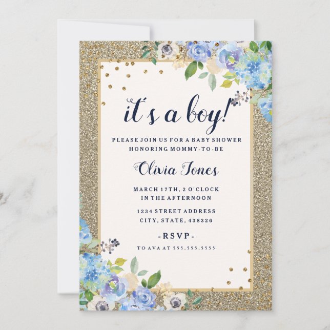 Blue Gold floral Sparkle Boy Baby Shower Invitation (Front)