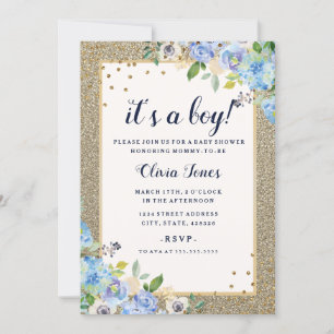 Blue Gold floral Sparkle Boy Baby Shower Invitation