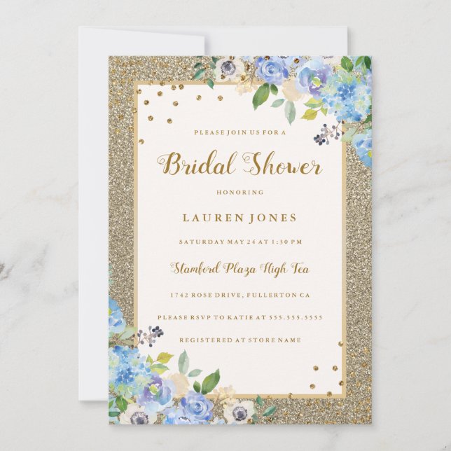 Blue Gold floral Sparkle Bridal Shower Invite (Front)