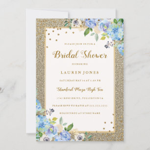 Blue Gold floral Sparkle Bridal Shower Invite