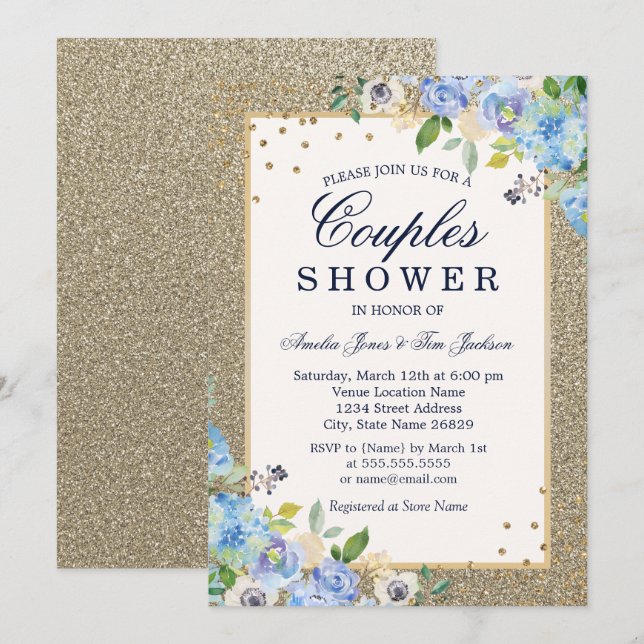 Blue Gold floral Sparkle Couples Shower Invitation (Front/Back)