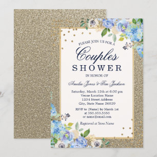 Blue Gold floral Sparkle Couples Shower Invitation