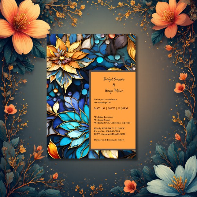 Blue & Gold Floral Stained Glass Elegant wedding Invitation (Creator Uploaded)