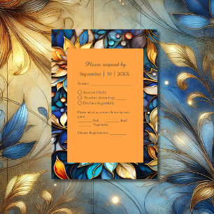 Blue & Gold Floral Stained Glass Elegant wedding RSVP Card