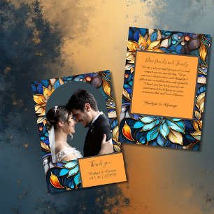 Blue & Gold Floral Stained Glass Elegant wedding Thank You Card
