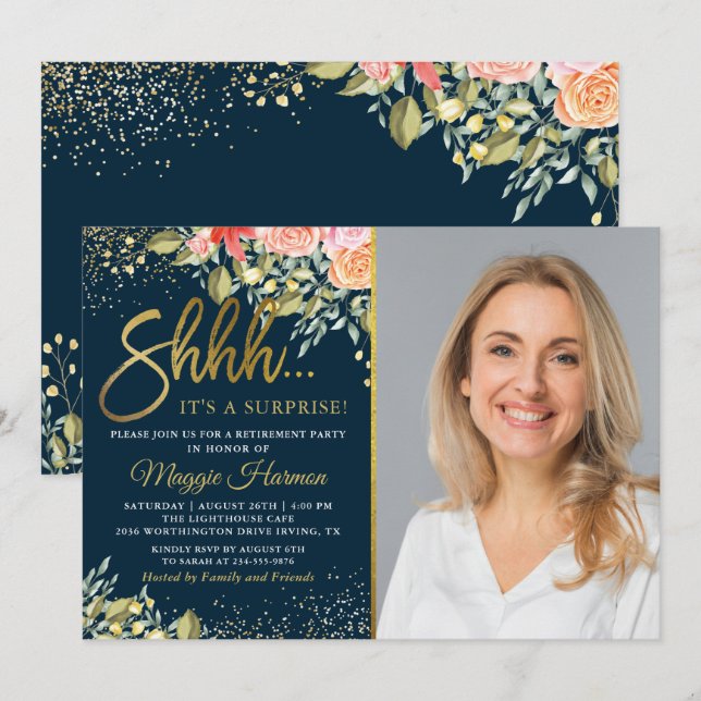 Blue Gold Floral Surprise Retirement Party Photo Invitation (Front/Back)