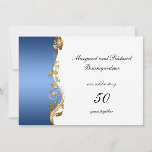 Blue Gold Floral Swirls 50th Wedding Anniversary Invitation
