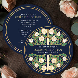 Blue Gold Floral Sword Royal Wedding Rehearsal Invitation