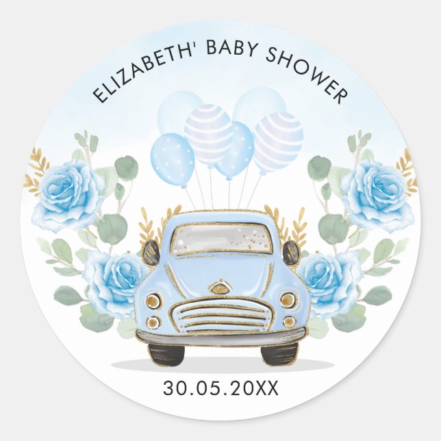 Blue Gold Floral Travel Drive By Shower Favours Classic Round Sticker (Front)