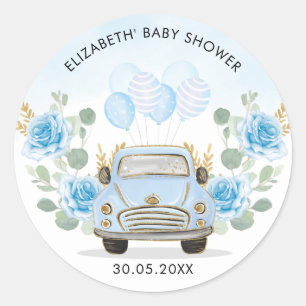 Blue Gold Floral Travel Drive By Shower Favours Classic Round Sticker