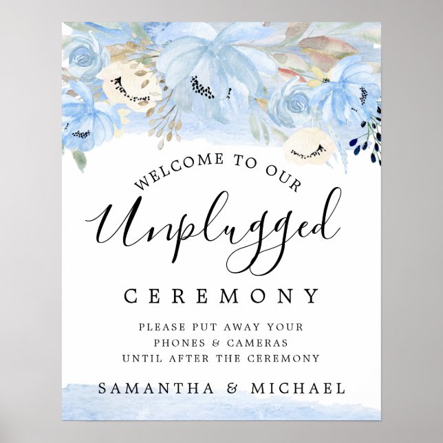 Blue Gold Floral Unplugged Wedding Ceremony Sign (Front)