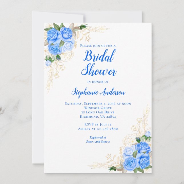 Blue Gold Floral Watercolor Bridal Shower Invitation (Front)