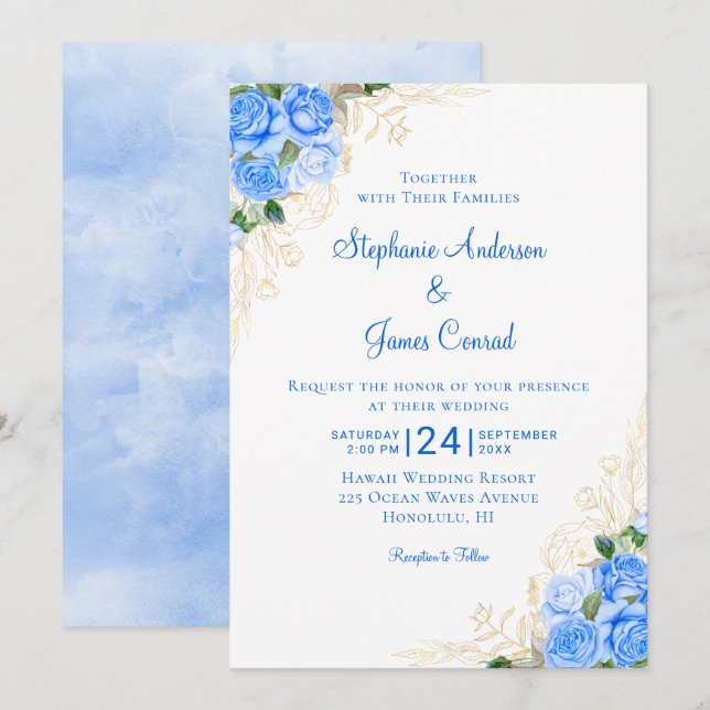 Blue Gold Floral Watercolor Wedding Invitation (Front/Back)