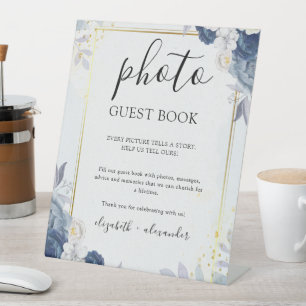 Blue Gold Floral wedding Photo Guestbook  Pedestal Sign