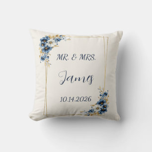 Blue Gold Floral Wedding Pillow
