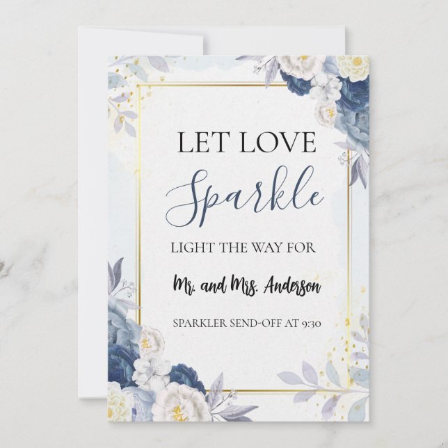 Blue Gold Floral wedding Sparkler Send Off Card (Front)