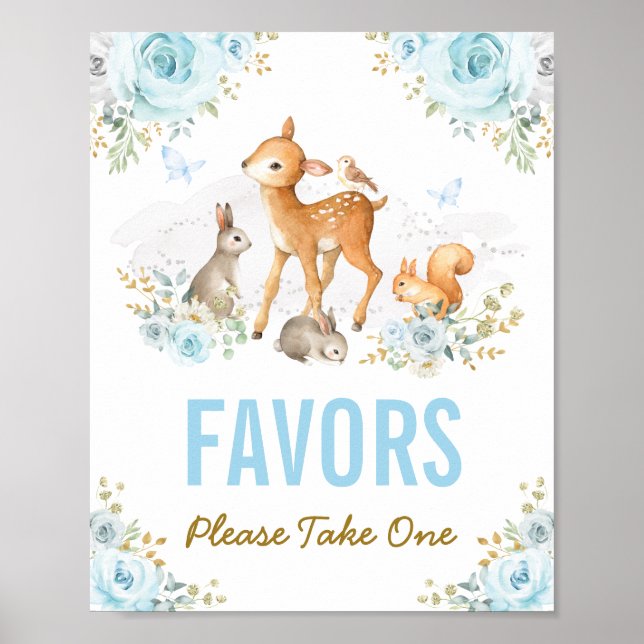 Blue Gold Floral Woodland Animals Favours Sign (Front)