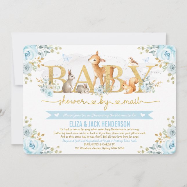 Blue Gold Floral Woodland Deer Baby Shower By Mail Invitation (Front)