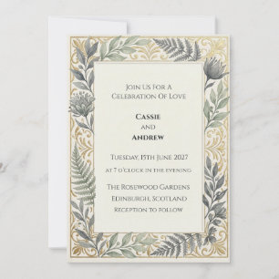 Blue Gold Floral Wreath Wedding Invitation
