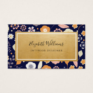 Blue Gold Florals Interior Designer Business Cards