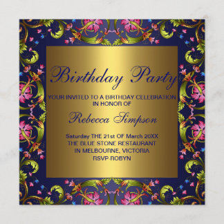 Blue & Gold Flower Garden Birthday Invitation