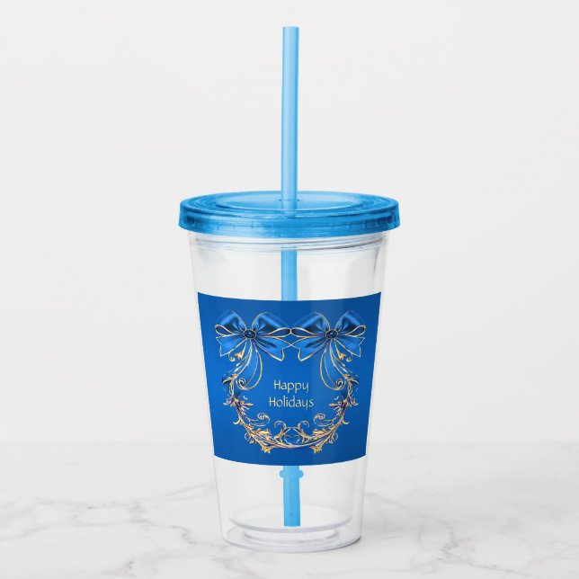Blue Gold Flower Holiday Acrylic Tumbler (Front)