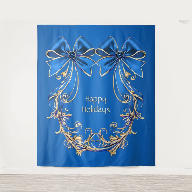 Blue Gold Flower Holiday Backdrop Tapestry (Front)