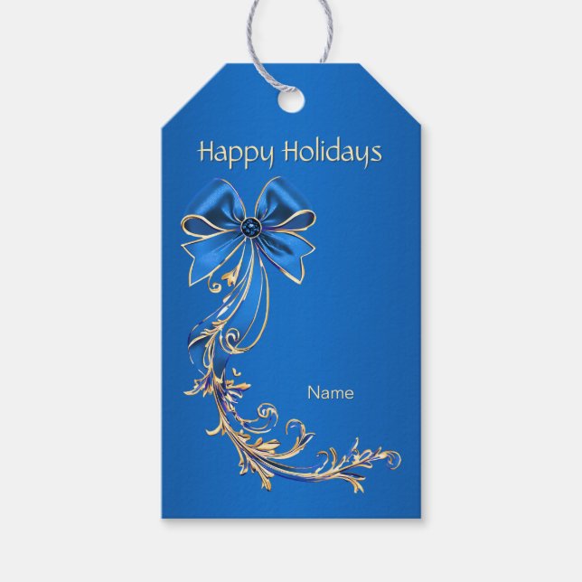 Blue Gold Flower Holiday Gift Tag (Front)