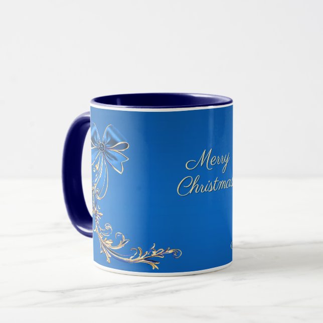 Blue Gold Flower Holiday Mug (Front Left)