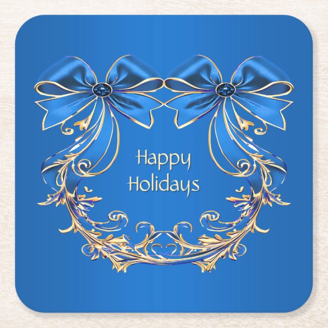 Blue Gold Flower Holiday Paper Coaster (Front)