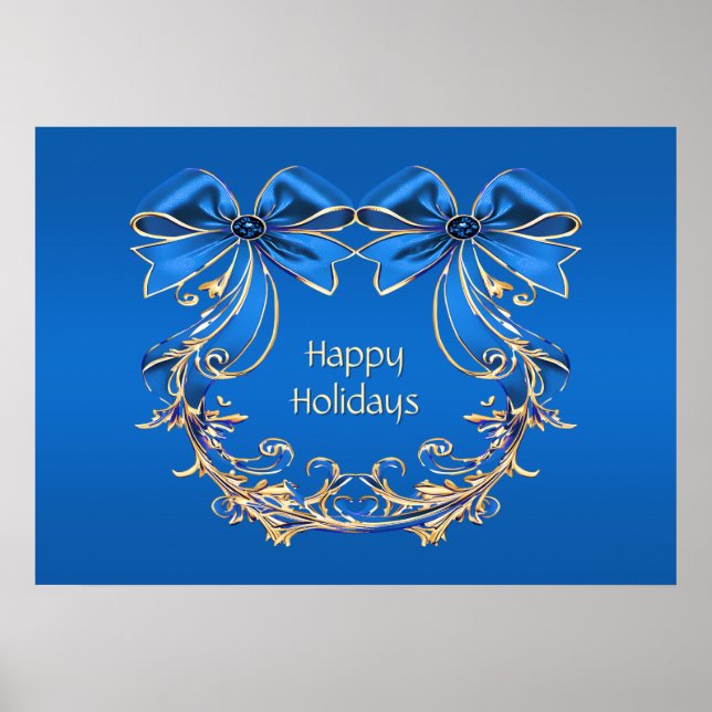 Blue Gold Flower Holiday Poster (Front)