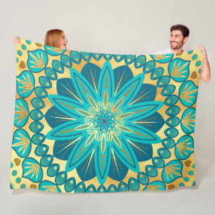 Blue Gold Flower Mandala Fleece Blanket