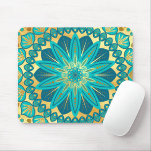 Blue Gold Flower Mandala Mouse Mat