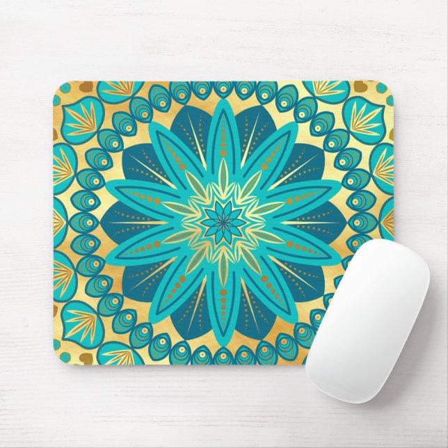 Blue Gold Flower Mandala Mouse Mat (With Mouse)