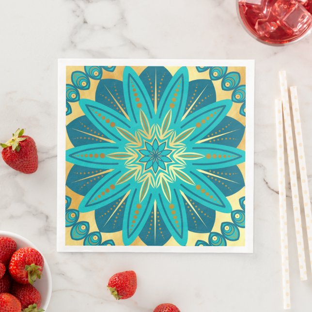 Blue Gold Flower Mandala Napkin (Insitu)