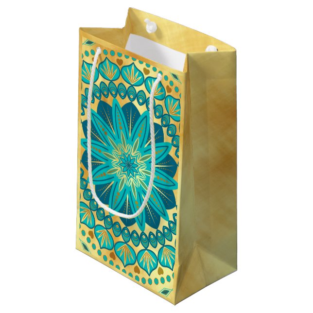 Blue Gold Flower Mandala Small Gift Bag (Front Angled)