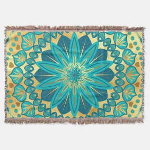 Blue Gold Flower Mandala Throw Blanket