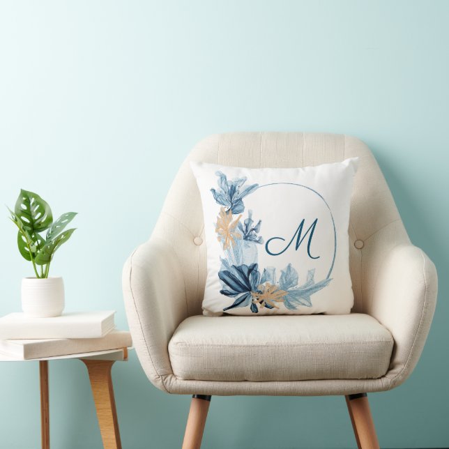 Blue Gold Flower Monogram Pillow (Chair)