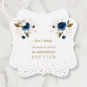 Blue Gold Flowers Boys Twins 1st Birthday Baptism Favour Tags