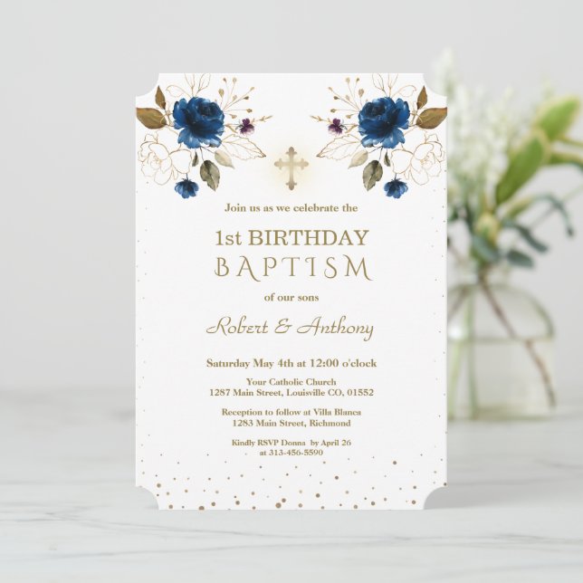 Blue Gold Flowers Boys Twins 1st Birthday Baptism  Invitation (Standing Front)