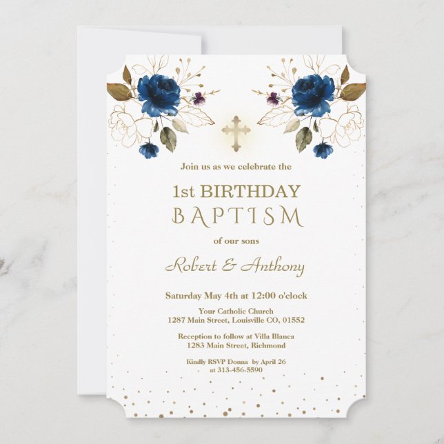 Blue Gold Flowers Boys Twins 1st Birthday Baptism  Invitation (Front)