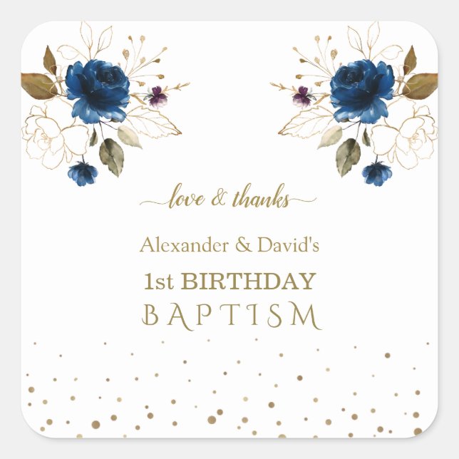 Blue Gold Flowers Boys Twins 1st Birthday Baptism  Square Sticker (Front)