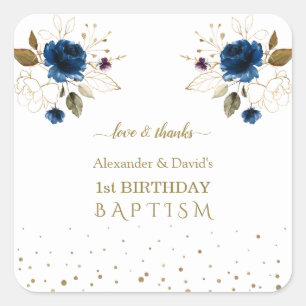 Blue Gold Flowers Boys Twins 1st Birthday Baptism Square Sticker