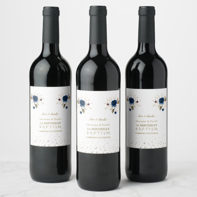 Blue Gold Flowers Boys Twins 1st Birthday Baptism  Wine Label (Bottles)