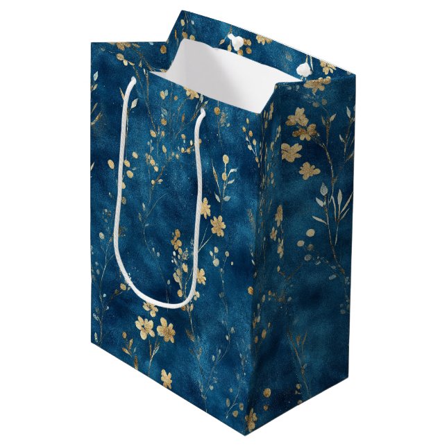 Blue Gold Flowers Bridal Shower Medium Gift Bag (Front Angled)