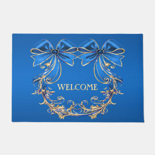 Blue Gold Flowers Holiday Doormat
